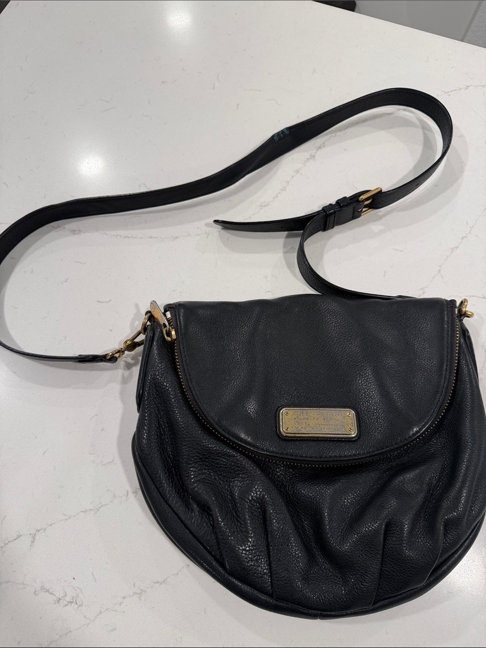 Marc by Marc Jacobs Black Pebbled Leather Flap Crossbody with Gold Plaque